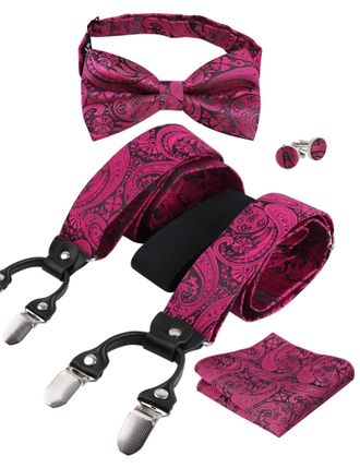 Alizeal Mens Paisley Pattern Bow Tie and Braces, Handkerchief, Cufflinks Set, Black+Hot Pink