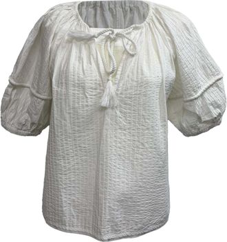 Ulla Johnson Tie-Front Puffed-Sleeve Blouse in White Cotton