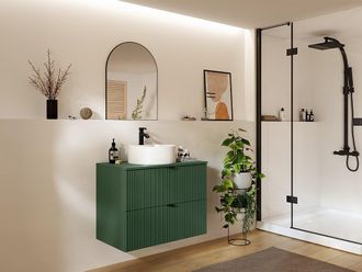 Vente-Unique Mobile per bagno sospeso con scanalature con lavabo da appoggio rotondo - Verde opaco - 80 cm - ZEVINI