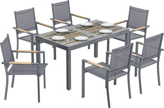 OUTSUNNY Conjunto De Mesa Y Sillas Jard&iacute;n De 7 Piezas, Con Mesa De Pl&aacute;stico Pspc, 6 Sillas Apilables Transpirables, Marco De Acero, Gris Oscuro