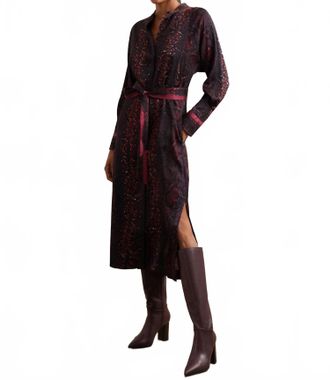 Reiss Snake-Print Belted Shirt Dress In Burgundy/black