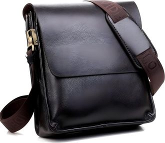 Generic Mens Leather Messenger Bag, Business Crossbody Shoulder Bag with Flap Cover, Black