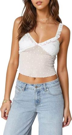 Edikted Posey Heart Embroidery Stretch Cotton Mesh Tank in White at Nordstrom, Size X-Small