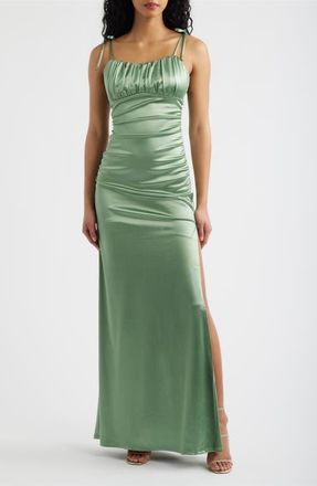 Emerald Sundae Emma Ruched Tie Strap Satin Gown in Pistachio at Nordstrom, Size Medium