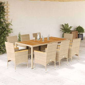 vidaXL Set De Comedor Jard&iacute;n 9 Pzas Con Cojines Rat&aacute;n Pe Acacia Beige Vidaxl