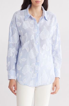 T Tahari Embossed Floral Stripe Button-Up Shirt in Blue/White Stripe at Nordstrom Rack, Size X-Large