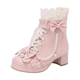Generic Womens Platform Ankle Boots Round Toe High Block Heel With Zipper Lace And Pearl Butterfly-Knot Accent Stylish Shoes