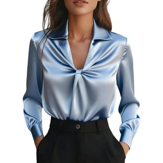 Generic Luxury Outfits for Women, Cowl Neck Tops for Women, Formal Elegant Satin Blouses Long Sleeve Dressy Silk Shirts Business Casual Office Work Top Sky Bl