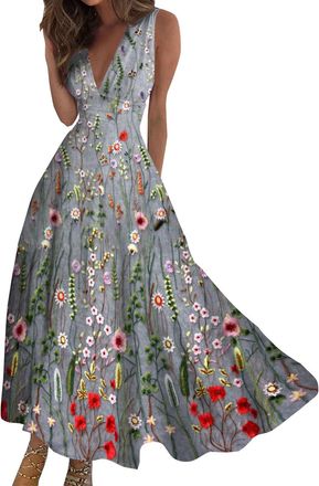 Generic Womens Plus Size Long Dresses Womens Slip Dress Summer 2025 Elegant V Neck Sleeveless Flower Graphic Temperament Elegant Maxi Dress Stylish Flowy Prin