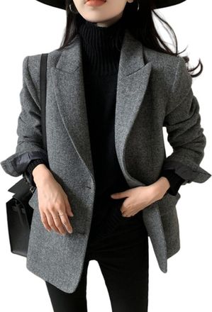 Generic Women Tweed Herringbone Blazer Open Front Casual Business Office Suit Jacket Elegant Two Button Wool Blend Trench Coat Winter Duffle Peacoat Windproof