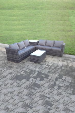 Fimous Rattan Corner Sofa Set Outdoor Oblong Coffee Table Set Patio Furniture With Cushions in Dark Grey