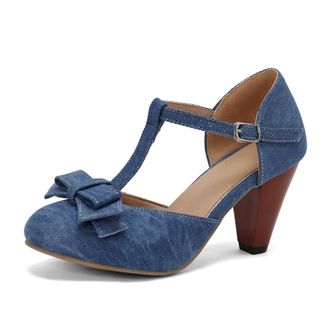 Generic Women Denim T Strap Pumps Round Toe Pointed Heel Bow Decor Adjustable Buckle Ankle Strap Cutout Non Slip Durable Comfortable Dress Party Shoes,Blue,3.