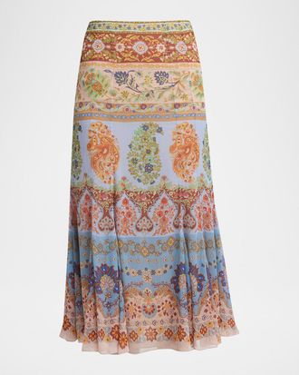 Etro Paisley-Print Georgette Godet Midi Skirt