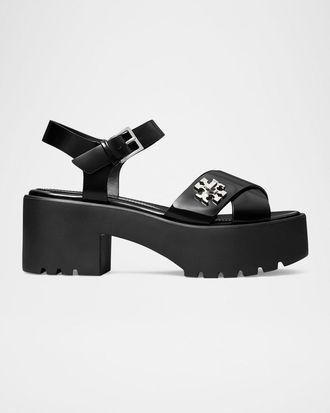 Tory Burch Turnlock Leather Lug-Heeled Platform Sandals