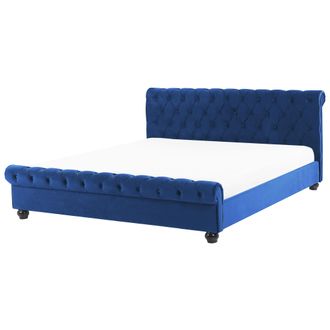 Beliani Cama De Agua De Terciopelo Azul Marino Madera Oscura 180 X 200 Cm Avallon