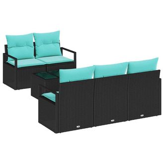 vidaXL Juego De Sof&aacute; 6 Pcs Negro Y Turquesa Rat&aacute;n Sint&eacute;tico Vidaxl
