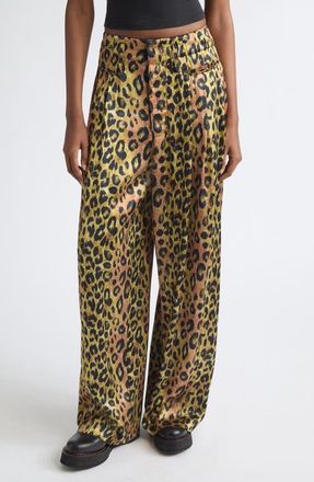 R13 Triple Pleat Wide Leg Pants in Light Brown Pink Leopard at Nordstrom, Size 26