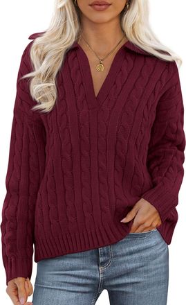 PrettyGarden Fall Cable Knit Sweaters for Women 2025 Long Sleeve Loose Chunky Polo V Neck Sweater Casual Pullover Jumper Tops, Burgundy, XL
