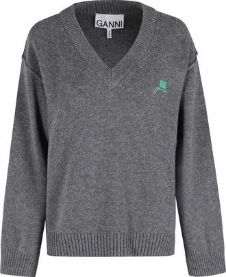 Ganni Core Future Wool MIX V Neck - Dames - V-hals truien - Grijs - S - Wol - Truien & Vesten