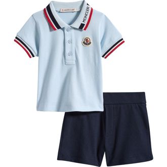 Moncler Kids Piqu&eacute; Polo & Shorts Set in Blue at Nordstrom, Size 18-24M
