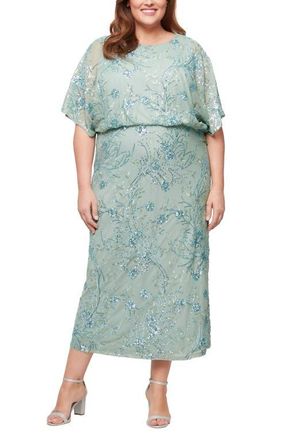 S.L. Fashions Sequin Blouson Midi Dress in Sage at Nordstrom, Size 16W