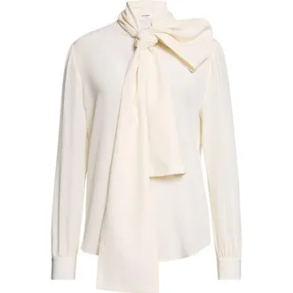 Saint Laurent Tie Neck Silk Cr&ecirc;pe de Chine Button-Up Shirt in Craie at Nordstrom, Size 10 Us