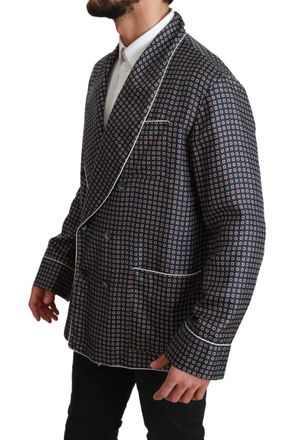 Dolce & Gabbana Mens Navy Blue Patterned Double Breasted Coat Jacket Silk Clothing