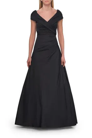 La Femme Off-the-Shoulder Stretch Taffeta A-Line Gown in Black at Nordstrom, Size 20