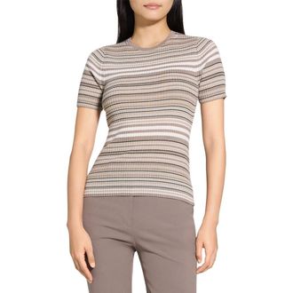 Theory Stripe Merino Wool Rib T-Shirt in Light Cinder Multi at Nordstrom Rack, Size Petite