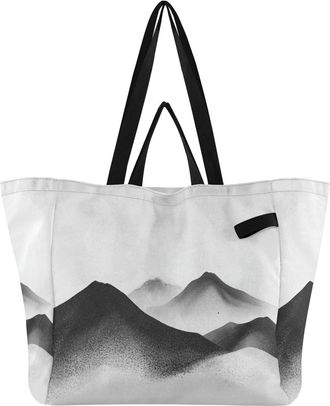 Generic Black Mountain pattern Reusable Canvas Tote Bag, Heavy Duty Grocery Shopping Bag with Hard Bottom Double Handles Large Capacity Work Groceries Travel