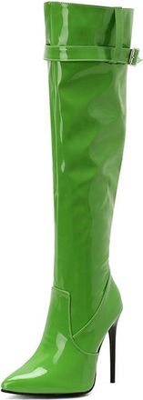 Generic Womens Pointed Toe Stiletto Ultra High Heel Over The Knee Boots with Buckle Strap Zipper Pull On Winter Nightclub Dance Shoes (Green,5.5)