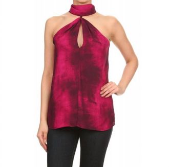 Ariella High Neck Tie-Dye Keyhole Top In Magenta