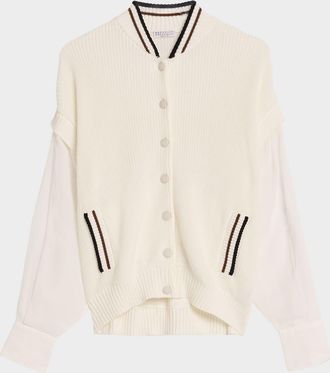 Brunello Cucinelli Organza-Sleeves English Rib Varsity Cardigan