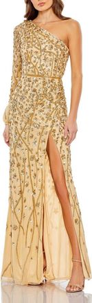 Mac Duggal Embellished One Sleeve Faux Wrap Gown in Gold at Nordstrom, Size 14