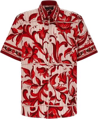 Dolce & Gabbana Majolica Katoenen Popeline Shirt - Heren - Korte mouwen Overhemden - Rood - XL - Katoen - Overhemden
