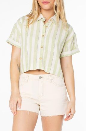Roxy Kula Linen Blend Crop Button-Up Shirt in Tarragon Horizon Stripe at Nordstrom, Size Small