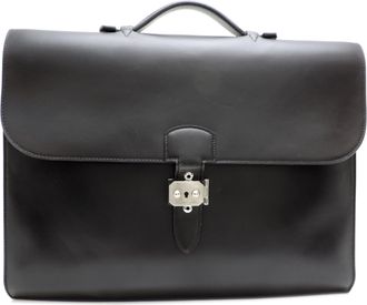 Herm&egrave;s Black Noir Box Calf Leather Briefcase (Pre-Owned)