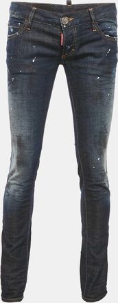 Dsquared2 Blue Dark Wash Denim Paint Splatter Distressed Slim Bottom Jeans S Waist 32