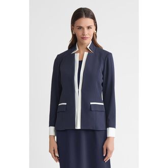 Ming Wang Tailored Two-Toned Stretch Deco Crepe Blazer in Indigo/white at Nordstrom, Size X-Large P