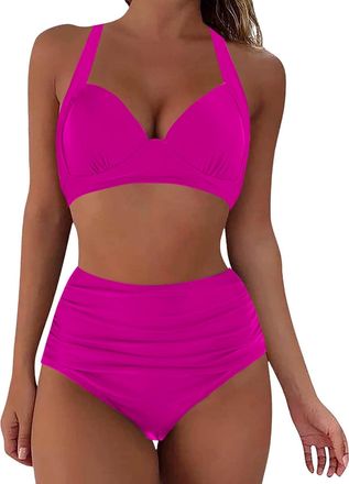 Generic Swimsuits for Older Ladies Womens Swimwear High Waisted V Neck Women Bikinis Set Vintage Beachwear Bikinis Top Ruched Retro Swimmwear Bathing Suit Swi