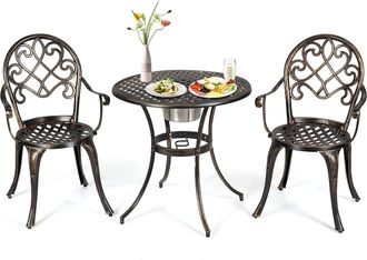 Costway Juego De Mesa Y Sillas De Bistr&oacute; De 3 Piezas De Metal Fundido Para Exterior Con Mesa Redonda Y Cubeta De Hielo Removible, 2 Sillas, Muebles De Jard&iacute;n 