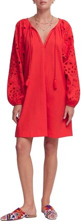 Boden Embroidered Long Sleeve Cotton Caftan in Red Embroiderie at Nordstrom, Size 12