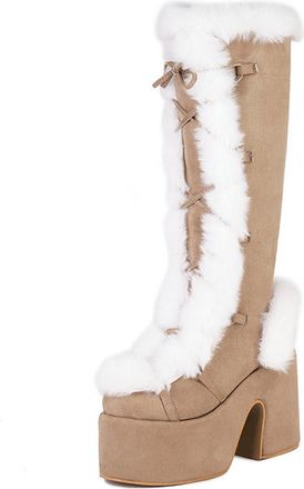 Generic Eestfy Womens Retro Platform Knee High Boots Suede Faux Fur Trim Chunky Heel Side Zip Winter Style for Cold Days Streetwear Outdoor Activities,Khaki,4