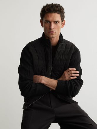 Reiss Black Quilted Hybrid Zip-through Jacket, Xxl