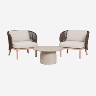 Sklum Conjunto De Jard&iacute;n Con 2 Sillones En Cuerda Trenzada Capri Y Mesa De Centro Redonda &Oslash;75 Cm En Cemento Layana Sklum