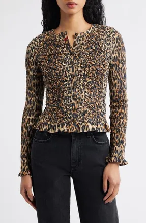 Damson Madder Elliana Smocked Cardigan in Leopard at Nordstrom, Size 12 Us
