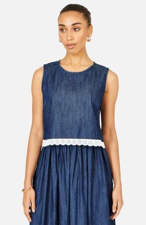 Yumi Cotton Chambray Lace Trim Top in Blue at Nordstrom, Size 10