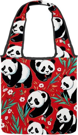 Generic Cute Panda on Red Reversible Canvas Shoulder Tote - Double-Sided Print, 12oz Cotton, 27cm Drop, Fold-Flat Bag for Travel, Shopping, Street Outings