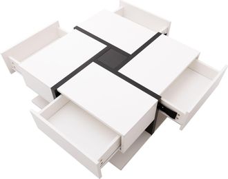 STILVORA Mesa De Centro Cuadrada Con 4 Cajones Y Estante, Dise&ntilde;o De L&iacute;neas, Blanco Brillo, En Tablero De Part&iacute;culas, Blanco, 78&times;78&times;36 Cm