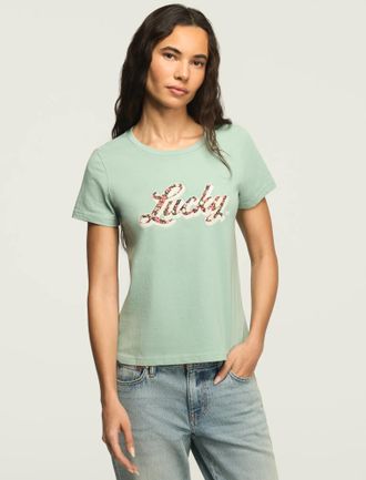 Lucky Brand Womens Lucky Logo Floral Classic Crew